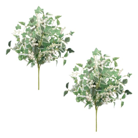 92683DS 20 in. Polyester Mixed Foliage & Berry Bush, Green & White - Set of 2